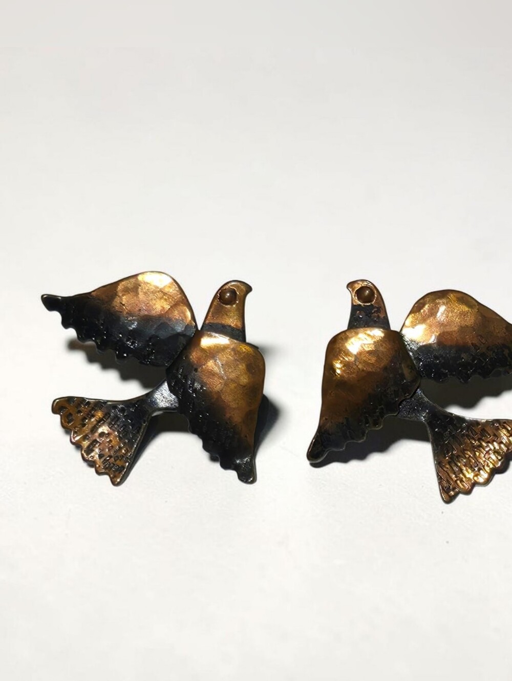 Unsigned Rebajes Style Hammered Copper Bird Dove Earrings Mid Century Vintage